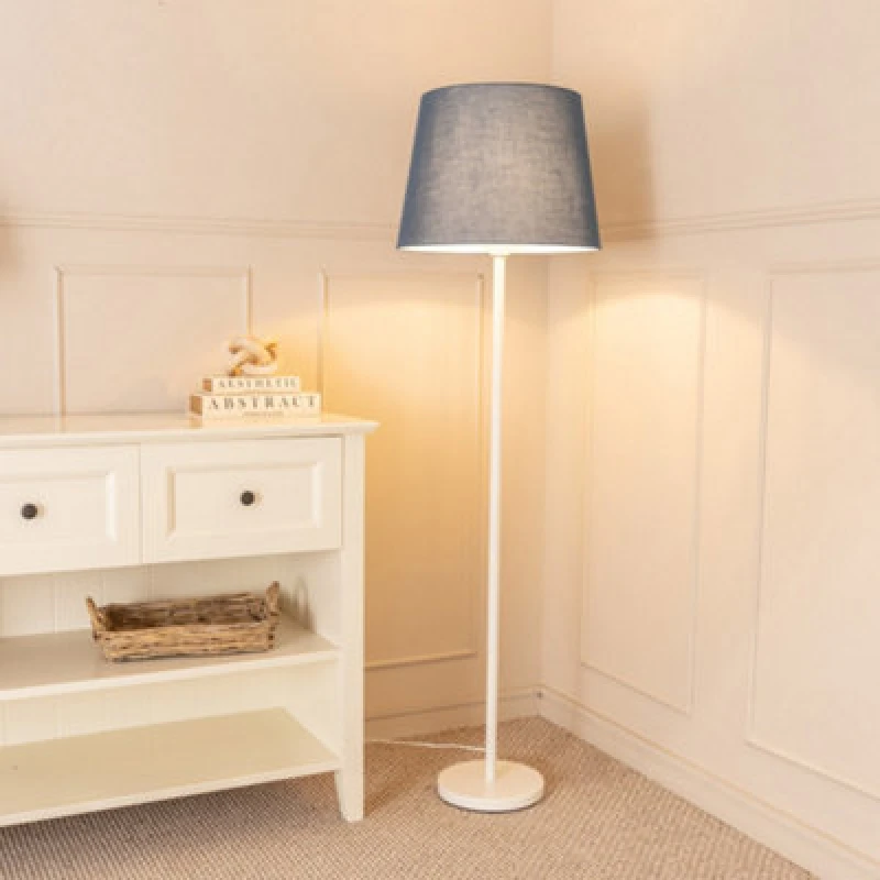 Image of ValueLights Charlie White Metal Single Stem Floor Lamp with Fabric Tapered Lamp Shade Grey