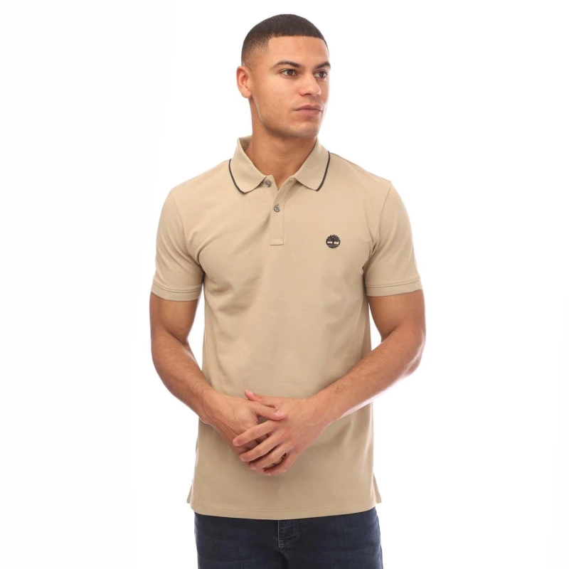 Image of Timberland Millers River Printed Neck Polo Shirt - Beige Beige S