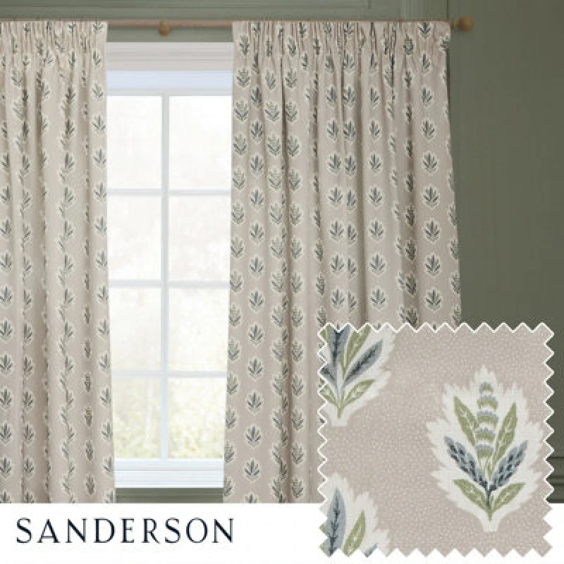 Image of Sanderson Sanderson Sessile Leaf Printed Room Darkening Pencil Pleat Curtains in Light Blue Size: 229cm width x 183cm drop Light Blue 229cm width x