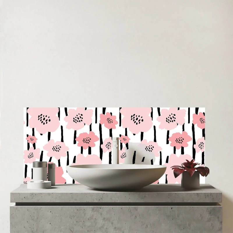 Image of Warren Reed - Designer Pastel Pink Flowers Glass Bathroom Splashback Pink Unisex