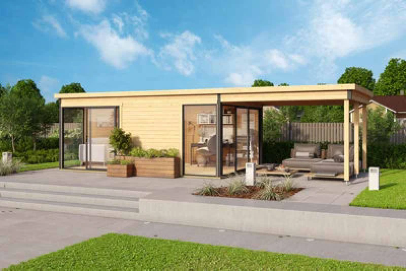 Image of Lasita Maja Optional Extra - Domeo 3/4 Extension For Log Cabin, Wooden Garden Room, Timber Summerhouse, Home Office - H239.4 Cm