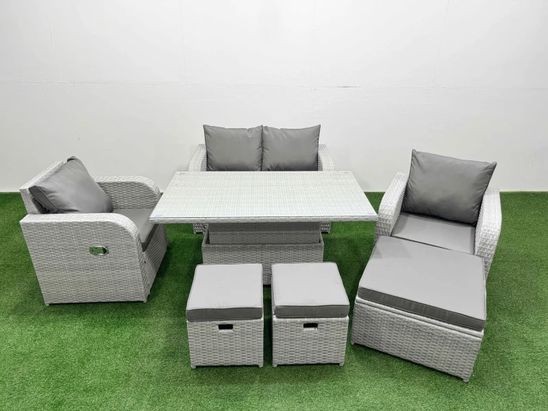 Image of Fimous Light Grey PE Wicker Rattan Garden Furniture Set Sofa Set Reclining Chair Adjustable Lifting Dining or Coffee Table 7 Seater 3 Stools Light Gr