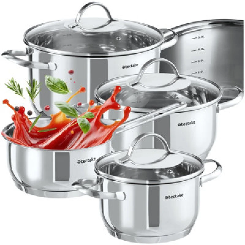 Image of Tectake Saucepan Set Bologna - 4 Stainless Steel Pots, 3 Glass Lids, Induction Safe & Incl. Measuring Lines - Silver