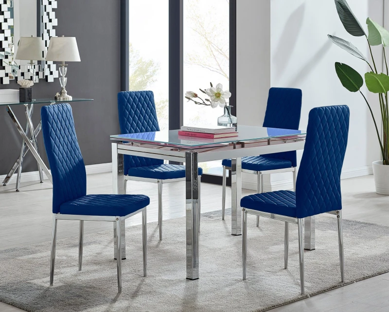 Image of FurnitureboxUK FurnitureboxUK Enna White Glass Extending 4-6 Seater Dining Table and 4 Milan Soft Velvet Chairs in Navy Navy One Size Unisex 505665714