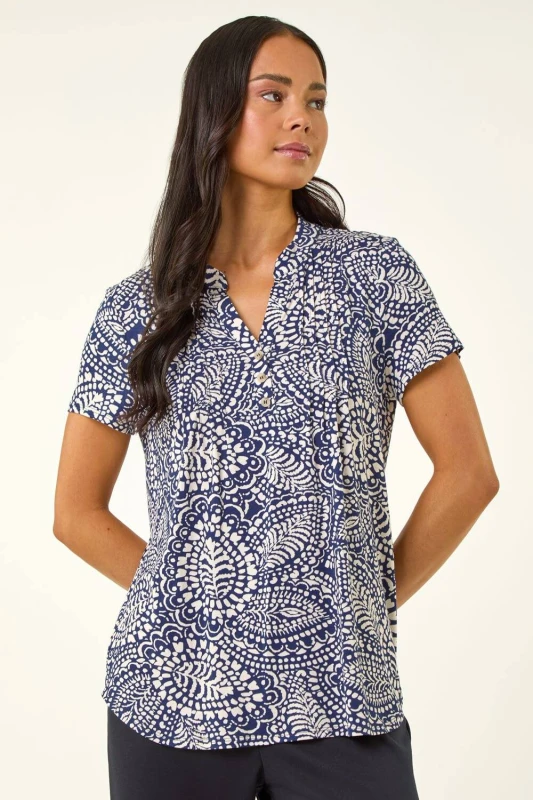 Image of Roman Womens Petite Abstract Print Button Stretch Top in Navy Size: 16 Navy Female 16