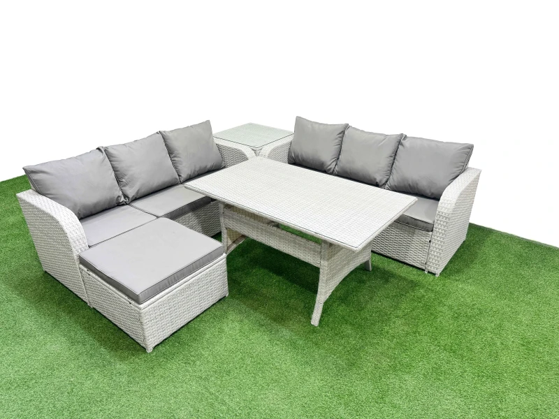 Image of Fimous Outdoor Garden Furniture Sets 7 Seater Wicker Rattan Furniture Sofa Sets with Rectangular Dining Table high Back Lounge Sofa Big Footstool Side