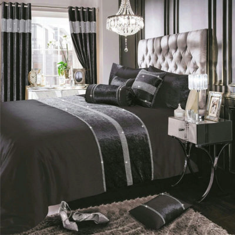 Image of Intimates Crushed Velvet Duvet Cover & Pillowcase Set, Luxurious & Soft Faux Silk Bedding Set, Button Enclosure, Machine Washable - Charcoal