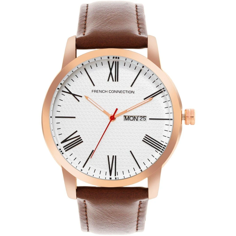 Image of French Connection Rose Case Round Shape Brown Strap Quartz Watch White male One Size