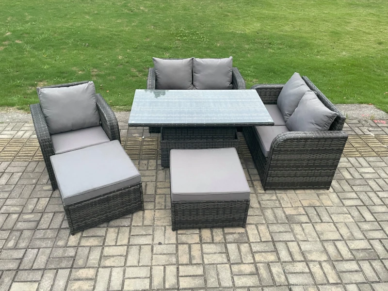 Image of Fimous 7 Seater Rattan Furniture Garden Dining Set Outdoor Height Adjustable Rising lifting Table Love Sofa Chair With 2 Big Footstool Dark Grey