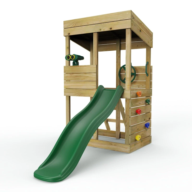 Image of Rebo Wooden Lookout Tower Playhouse with 6ft Slide - Adventure Set Natural