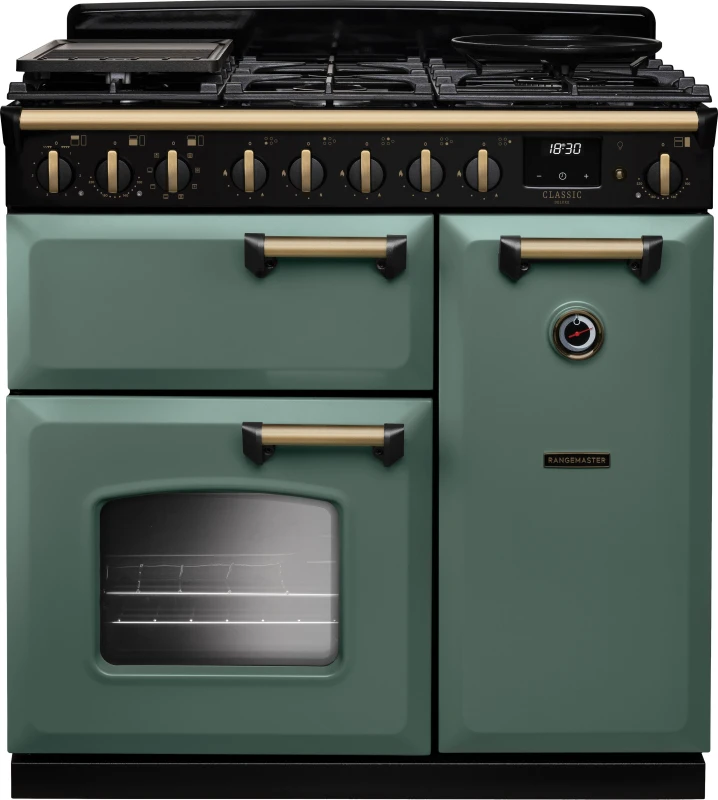 Image of Rangemaster Classic Deluxe 90 CLDL90DFPMGR/AB1 90cm wide Dual Fuel Range Cooker with Gas Hob - Mineral Green / Antique Brass - A Rated