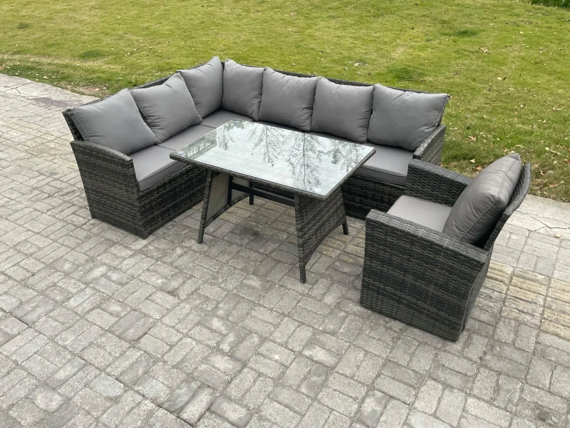 Image of Fimous Wicker Rattan Garden Furniture Corner Sofa Set with Oblong Dining Table Armchair Outdoor Rattan Set in Dark Grey Dark Grey Unisex