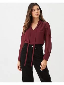 Image of Oasis Lace Trim Pussybow Blouse - Burgundy, Size 8, Women
