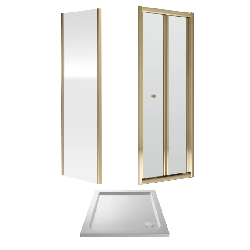 Image of Balterley Bi-Fold Shower Door, Side Panel and Shower Tray 760mm Brushed Brass White