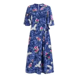 Image of Yumi Blue Crane Print Wrap Midi Dress - Blue