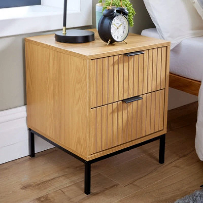 Image of Home Source Contemporary 2 Drawers Bedside Table Unit Natural