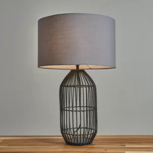 Image of Hollins Large Matt Black Rattan Table Lamp with Dark Grey Reni Shade