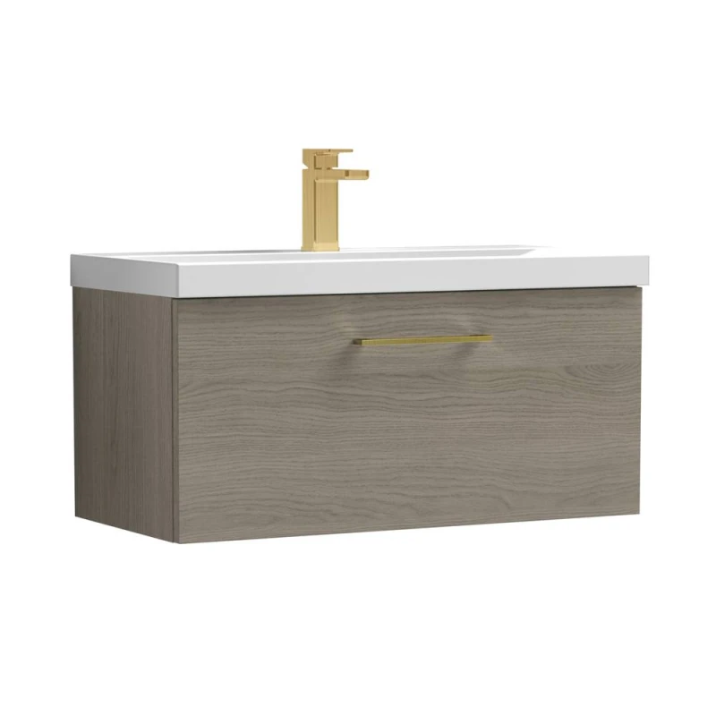 Image of Balterley 800mm Wall Hung 1 Drawer Vanity Basin Unit, Mid Oak, Brass Handle in Brown Brown Unisex