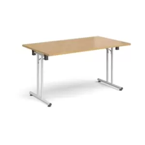 Image of Rectangular folding leg table with white legs and straight foot rails 1400mm x 800mm - oak