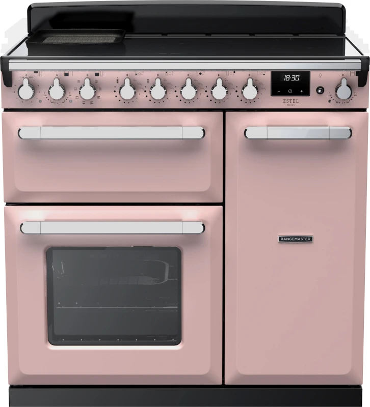 Image of Rangemaster Estel Deluxe ESDL90EIPPPK/CM1 90cm Electric Range Cooker with Induction Hob - Pale Pink / Chrome - A/A Rated