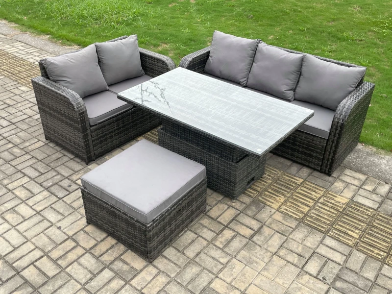Image of Fimous Outdoor Rattan Garden Furniture Set Height Adjustable Rising lifting Dining Table Lounge Sofa Set Dark Grey Mixed Dark Grey