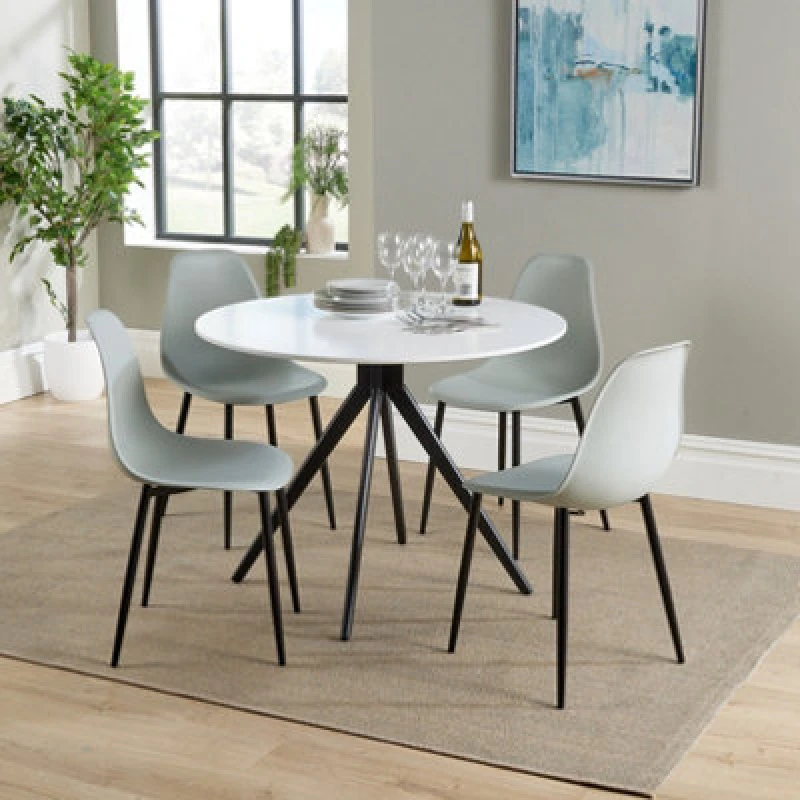 Image of Core Products Aspen White 100Cm Round Dining Table With 4 Grey Plastic Curve Design Chairs