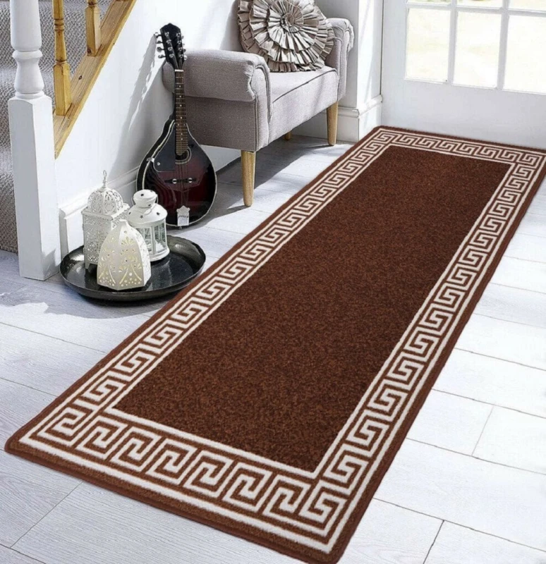 Image of Smart Living Smart Living Greekey Heavy Duty Machine Washable Hallway Kitchen Non Slip Door Mat in Dark Brown Size: 80cm x 300cm Dark Brown 80cm x 3