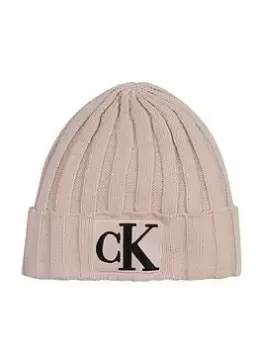 Image of Calvin Klein Jeans Girls Monogram Rib Beanie - Pale Rose, Pale Rose, Size S-M