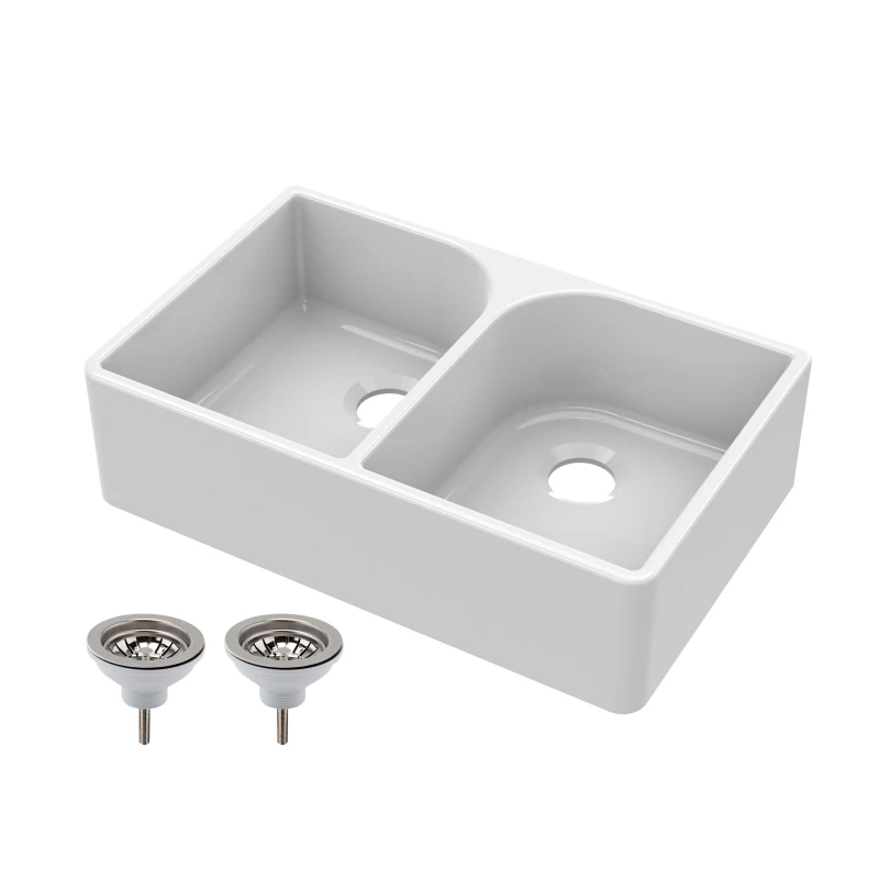 Image of Balterley 2 Bowl Fireclay Butler Sink Full Weir Wastes 795x500x220mm White unisex