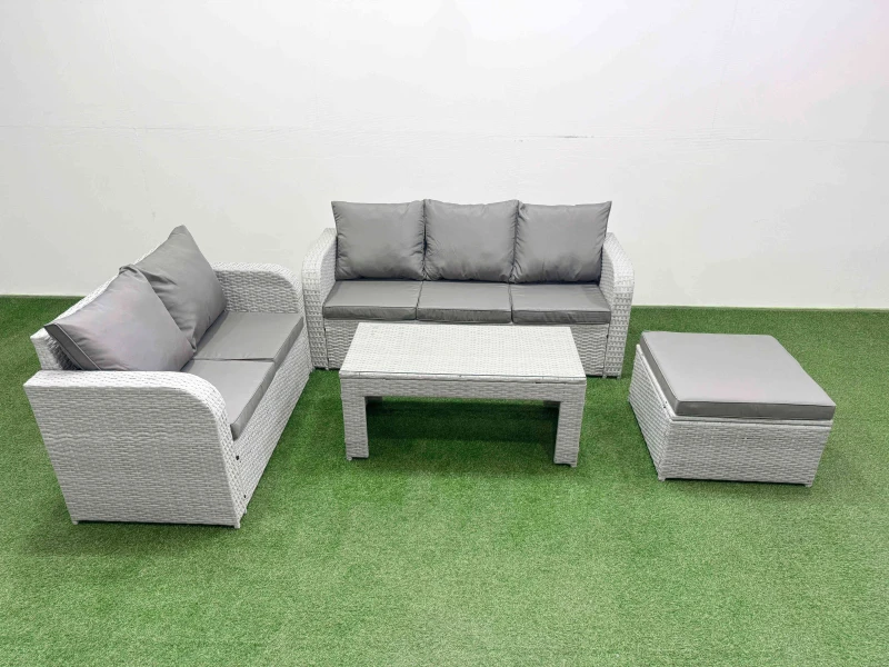 Image of Fimous 6 Seater PE Rattan Wicker Garden Furniture Patio Conservatory Sofa Set with Oblong Coffee Table 3 Seater Sofa Love Sofa Big Footstool Light Gre