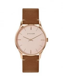 Image of Jigsaw Jigsaw Blush And Rose Gold Detail Dial Brown Leather Strap Ladies Watch