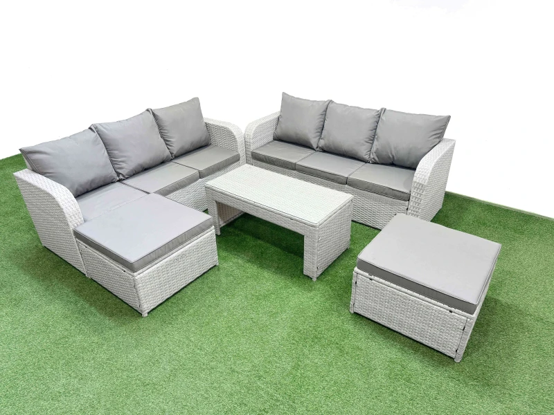 Image of Fimous Outdoor Garden Furniture Sets 8 Seater Wicker Rattan Furniture Sofa Sets with Oblong Coffee Table high Back Lounge Sofa 2 Big Footstool Light G