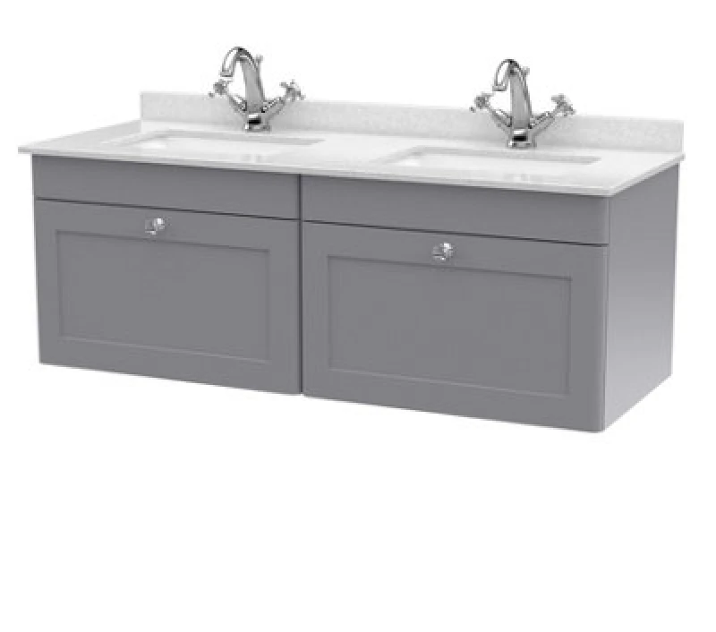 Image of NUIE Nuie Classique Satin Grey 1200mm Wall Hung 2 Drawer Vanity Unit with White Marble Countertop and 2 Square Basins with 2 Tap Holes - CLC294WS2 CLC