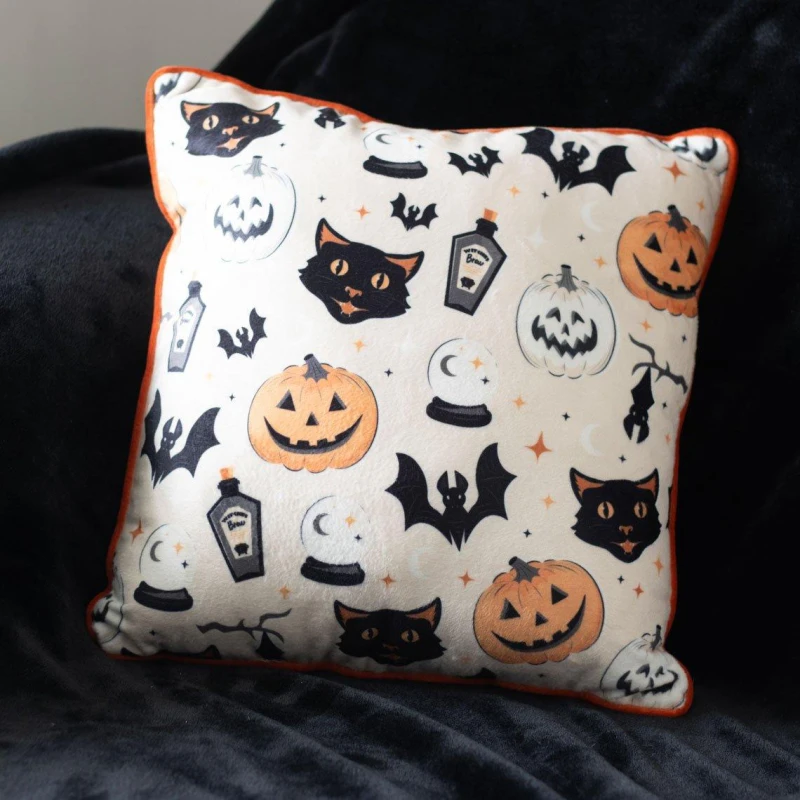 Image of KDMD 35cm Square Spooky Cat and Pumpkin Print Cushion Cream