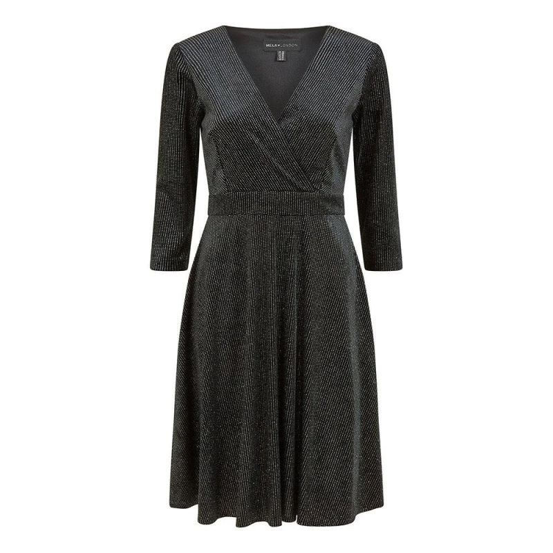 Image of Mela London Mela London Black Sparkle Long Sleeve Skater Dress Black 8