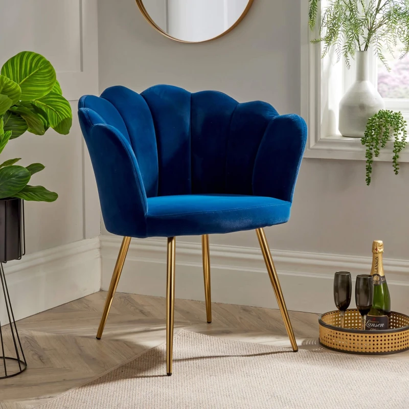 Image of Home Source Compact Scallop Occasional Chair With Gold Metal Legs Navy Blue