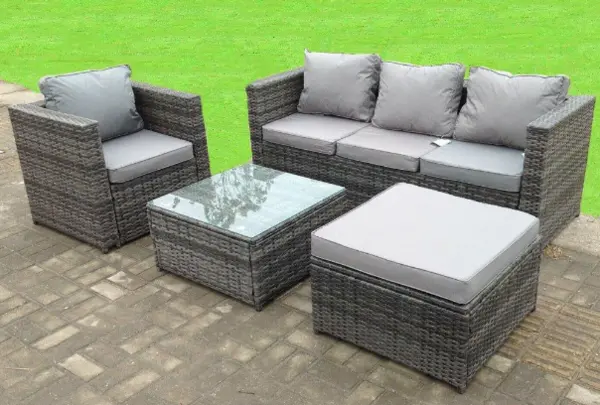 Image of Fimous 4 Seater Outdoor Dark Mixed Grey Rattan Lounge Complete Sofa Set with Big Footstool