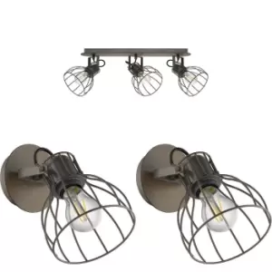 Image of Ceiling Spot Light & 2x Matching Wall Lights Industrial Rustic Metal Wire Shade