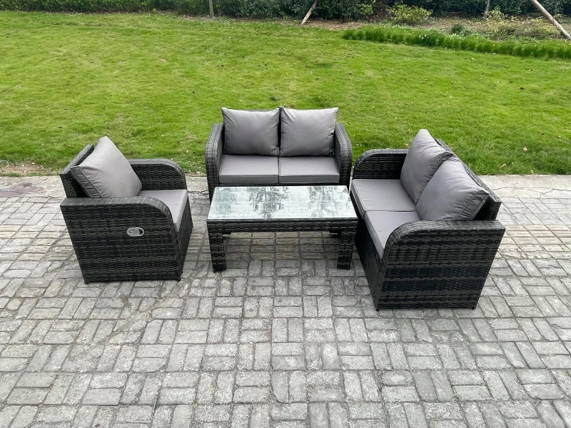 Image of Fimous Patio Garden Furniture Sets Wicker Outdoor Rattan Furniture Sofa Sets with Rectangular Coffee Table Love seat Sofa Dark Grey