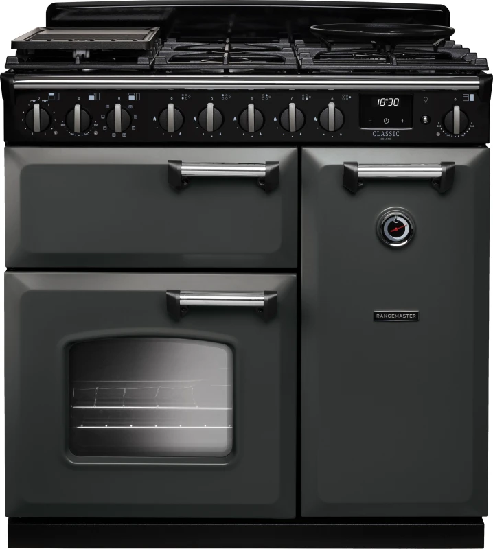 Image of Rangemaster CLDL90DFPSLT/CM1 Classic Deluxe 90cm Dual Fuel Range Cooker Chrome Trim 14538 - SLATE CLDL90DFPSLT/CM1
