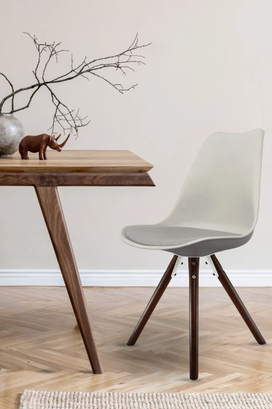 Image of Fusion Living Soho Plastic Dining Chair with Pyramid Dark Wood Legs Light Grey