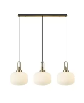 Image of Linear 3 Light Pendant E27, Brass Gold, Matt Black With 30cm Round Ribbed Opal Glass