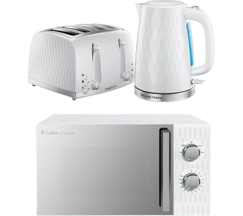 Image of Russell Hobbs Honeycomb Solo Microwave, Jug Kettle & 4-slice Toaster Bundle - White 5056233840475