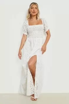 Image of Broderie Shirred Puff Sleeve Maxi Dress