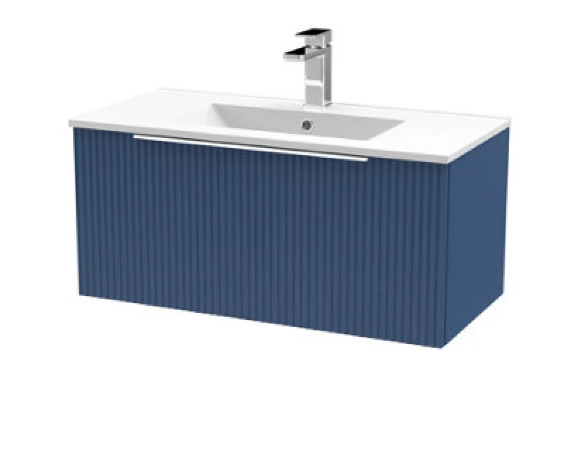 Image of HUDSON REED Hudson Reed - Fluted Satin Blue 800mm Wall Hung Single Drawer Vanity Unit and Minimalist Ceramic Basin - DFF396B DFF396B