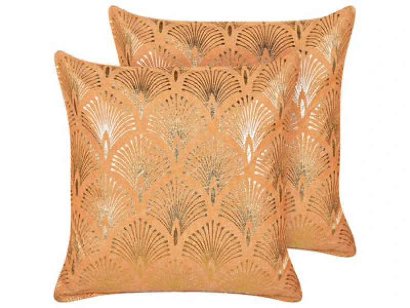 Image of Beliani Set Of 2 Decorative Cushions Hoya Cotton 45 X 45cm Orange Geometric Pattern