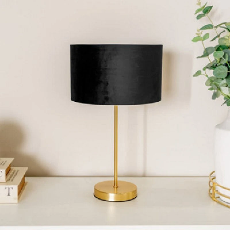 Image of ValueLights ValueLights Charlie Gold Stem Table Lamp with Velvet Drum with Gold Inner Lamp Shade & Bulb in Black One Size Unisex 5059406060755