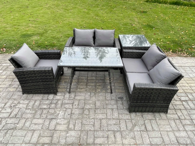 Image of Fimous Wicker PE Rattan Garden Dining Set Outdoor Furniture Sofa with Rectangular Dining Table Love Seat Sofa Side Table in Dark Grey Dark Grey Unisex