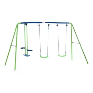 Image of Outsunny Metal Swings & Seesaw Set Double Seats with a Height Adjustable Children Outdoor Backyard Play Set for Toddlers Over 3 Years Old, Green