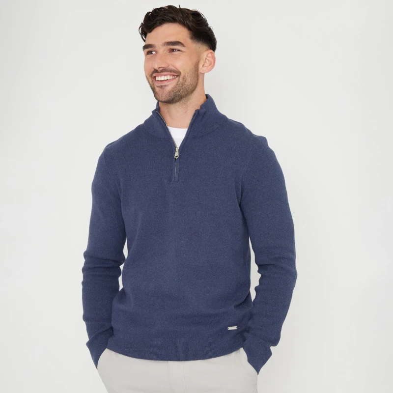 Image of Threadbare Threadbare Men 'Hazelbank' Cotton Blend Knitted Quarter Zip Jumper in Blue Size: Medium Blue M Male 7625915010659
